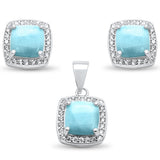 Cushion Cut Natural Larimar & Cz Earring & Pendant .925 Sterling Silver Set