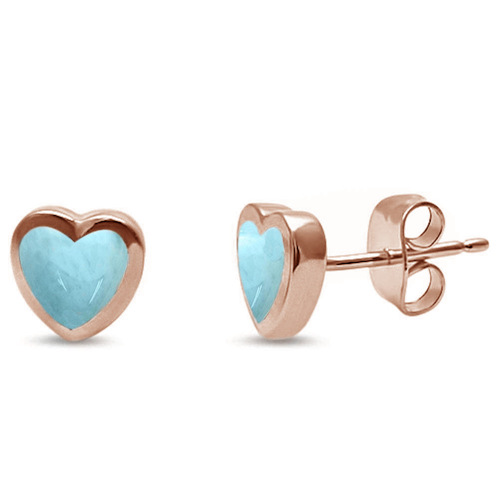 Rose Gold Plated Natural Larimar Heart Shape Stud .925 Sterling Silver Earrings
