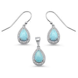 Pear Shape Natural Larimar & Cz Earring & Pendant .925 Sterling Silver Set