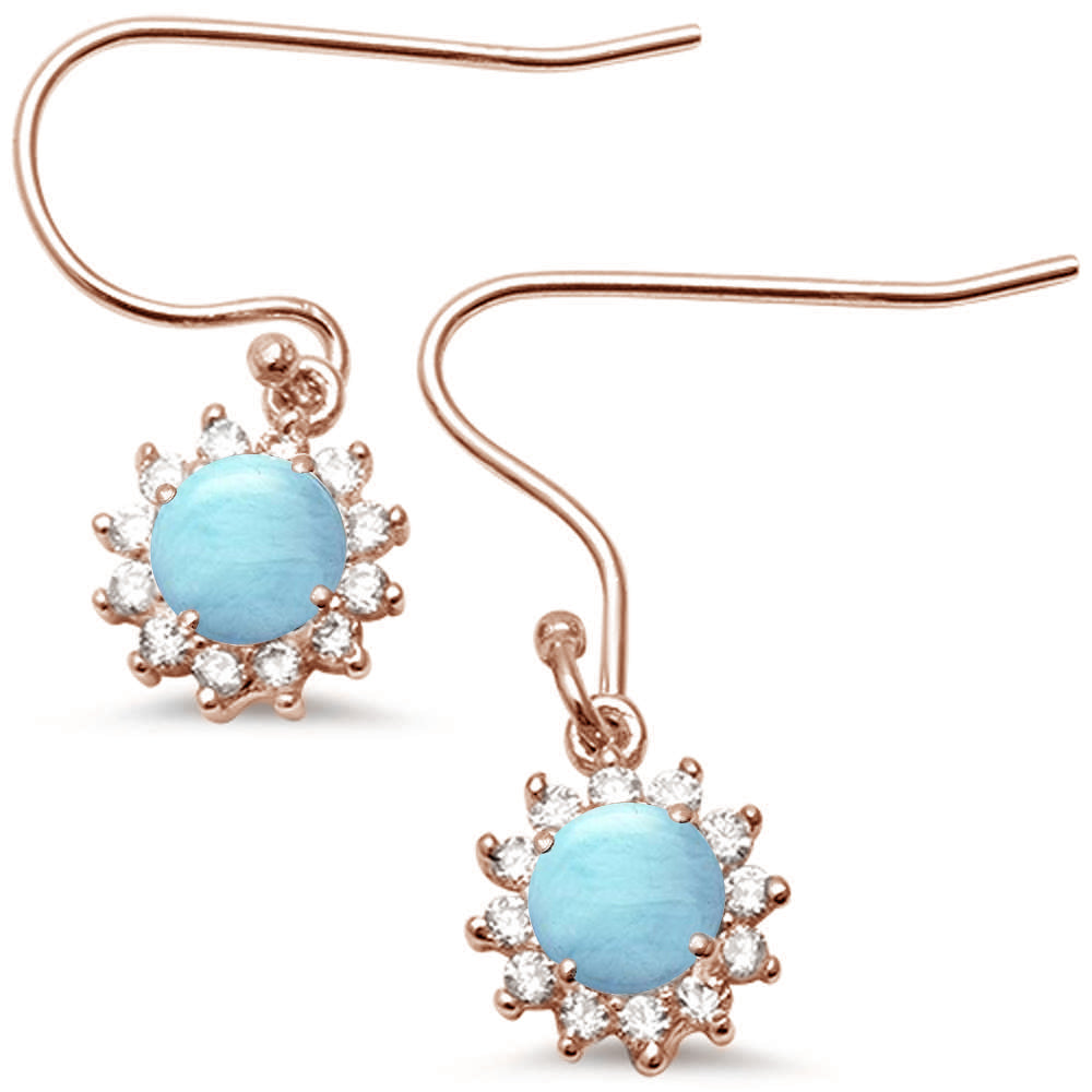 Rose Gold Plated Halo Natural Larimar CZ Drop Dangle .925 Sterling Silver Earrings