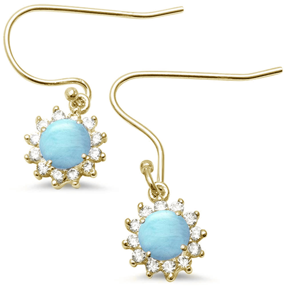 Yellow Gold Plated Halo Natural Larimar CZ Drop Dangle .925 Sterling Silver Earrings