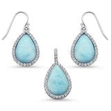 Juego de pendientes colgantes y colgante de larimar y circonita cúbica de talla pera en plata de ley .925
