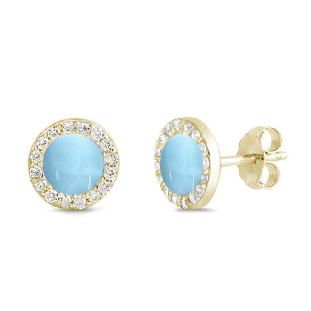 Yellow Gold Plated Natural Larimar & Cz Stud Halo .925 Sterling Silver Earrings