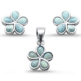 Plumeria Flower Natural Larimar .925 Sterling Silver Earring & Pendant Set