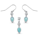 Juego de pendientes colgantes y colgante de lágrima de larimar natural y circonitas cúbicas de plata de ley .925