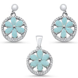 Juego de colgante y aretes de plata esterlina 925 con larimar natural y circonitas cúbicas redondas
