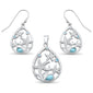 Natural Larimar & Aquamarine Star Cz Drop Pendant & Earring .925 Sterling Silver Set