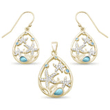 Yellow Gold Plated Natural Larimar & Aquamarine Star Cz Drop Pendant & Earring .925 Sterling Silver Set