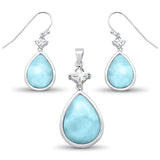 Natural Larimar & Cz Pear Shape Dangle Earring & Pendant .925 Sterling Silver Set