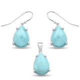 Natural Larimar Pear Shape Dangle Earring & Pendant .925 Sterling Silver Set