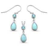 Natural Larimar Pear Shape & Aquamarine Dangle Earring & Pendant .925 Sterling Silver Set