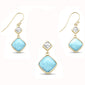 Yellow Gold Plated Natural Princess Cut Larimar & Cubic Zirconia Dangling  .925 Sterling Silver Pendant & Earring Set