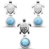 Natural Larimar & Cz Turtle Earring & Pendant .925 Sterling Silver Set