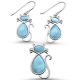 Natural Larimar Cat Design Earring & Pendant .925 Sterling Silver Set