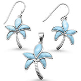 Natural Larimar Palm Tree Earring & Pendant .925 Sterling Silver Set
