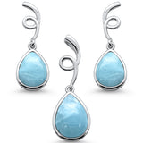 Natural Larimar Pear Shape Spiral Dangle Earring & Pendant .925 Sterling Silver Set