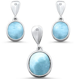 Juego de pendientes colgantes ovalados y colgante de larimar natural de plata esterlina .925