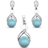 Juego de aretes colgantes y dije de plata de ley .925 con forma de gota infinita de larimar natural redondo