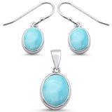Oval Natural Larimar Design .925 Sterling Silver Pendant & Earring Set