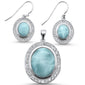 Natural Larimar & CZ Oval 925 Sterling Silver Earring & Pendant Set