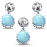 Round Natural Larimar .925 Sterling Silver Pendant & Earring Set