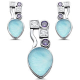 Natural Larimar Amethyst & Cubic Zirconia .925 Sterling Silver Pendant & Earring Set