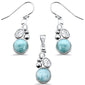 Round Natural Larimar & Cz .925 Sterling Silver Pendant & Earring Set