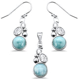 Round Natural Larimar & Cz .925 Sterling Silver Pendant & Earring Set