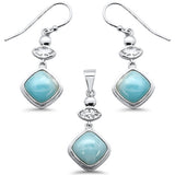 Juego de colgante y pendientes de plata de ley .925 con larimar natural y circonitas cúbicas con forma de cojín