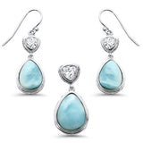 Pear Shape Natural Larimar & Cubic Zirconia .925 Sterling Silver Pendant & Earrings Set