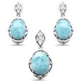 Natural Larimar & Cubic Zirconia Oval Shape .925 Sterling Silver Pendant & Earrings Set