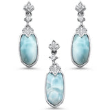 Natural Larimar & Cz .925 Sterling Silver Pendant & Earring Set