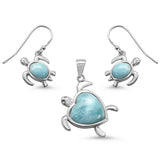 Natural Larimar Heart & Turtle .925 Sterling Silver Pendant & Earring Set