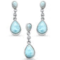 Pear Shape Natural Larimar & Round Cz .925 Sterling Silver Pendant & Earring Set