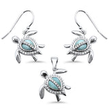 Natural Larimar & Cubic Zirconia Turtle .925 Sterling Silver Pendant & Earrings Set
