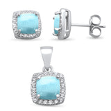 Cushion Cut Larimar & Cubic Zirconia .925 Sterling Silver Pendant & Earring Set