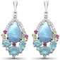 Pear Shaped Natural Larimar, Aquamarine, Multi Color & White CZ .925 Sterling Silver Earrings