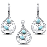 Pear Shape Natural Larimar Leaf Design .925 Sterling Silver Pendant & Earrings Set