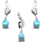 Pear Shape Natural Larimar Dangling Swirly Design .925 Sterling Silver Pendant & Earrings Set