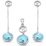 Natural Larimar Dangling Wave .925 Sterling Silver Pendant & Earrings Set