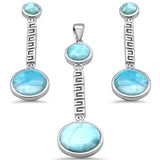 Round Natural Larimar Dangling Greek Design .925 Sterling Silver Pendant & Earrings Set