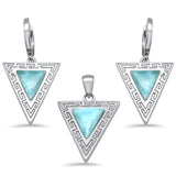 Triangle Shape Natural Larimar Greek Design .925 Sterling Silver Pendant & Earrings Set