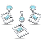 Round & Rectangle Natural Larimar Dangling .925 Sterling Silver Pendant & Earrings Set