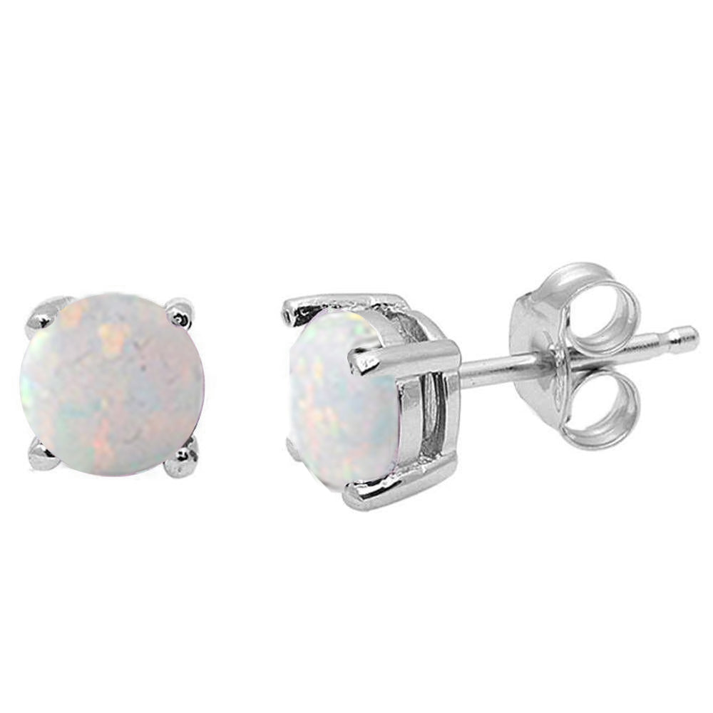 Round White Opal Stud .925 Sterling Silver Earrings