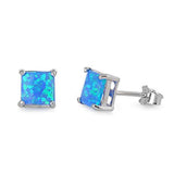 Princess Cut Blue Opal Stud .925 Sterling Silver Earrings