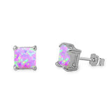 Princess Cut Pink Opal Stud .925 Sterling Silver Earrings