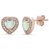  Rose Gold Plated White Opal & Pave Cz Heart .925 Sterling Silver Earrings