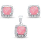 Cushion Cut Pink Opal & Cz Earring & Pendant .925 Sterling Silver Set