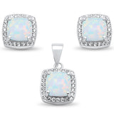 Cushion Cut White Opal & Cz Earring & Pendant .925 Sterling Silver Set