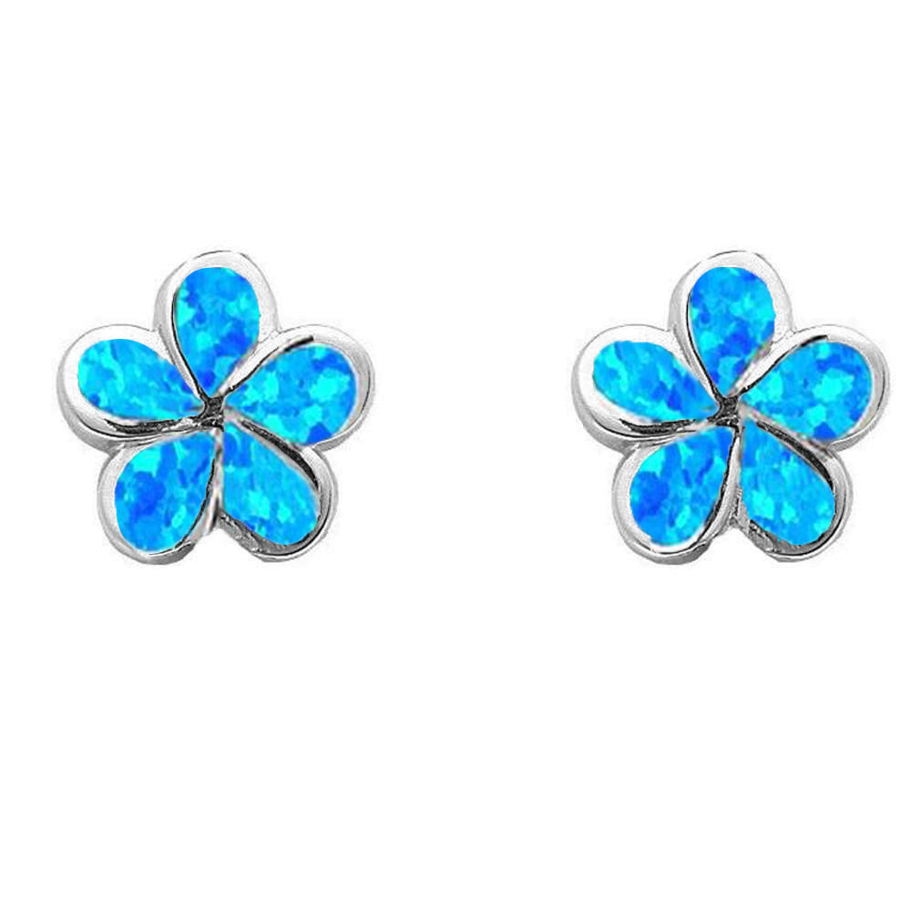 Blue Opal Flower Earrings .925 Sterling Silver